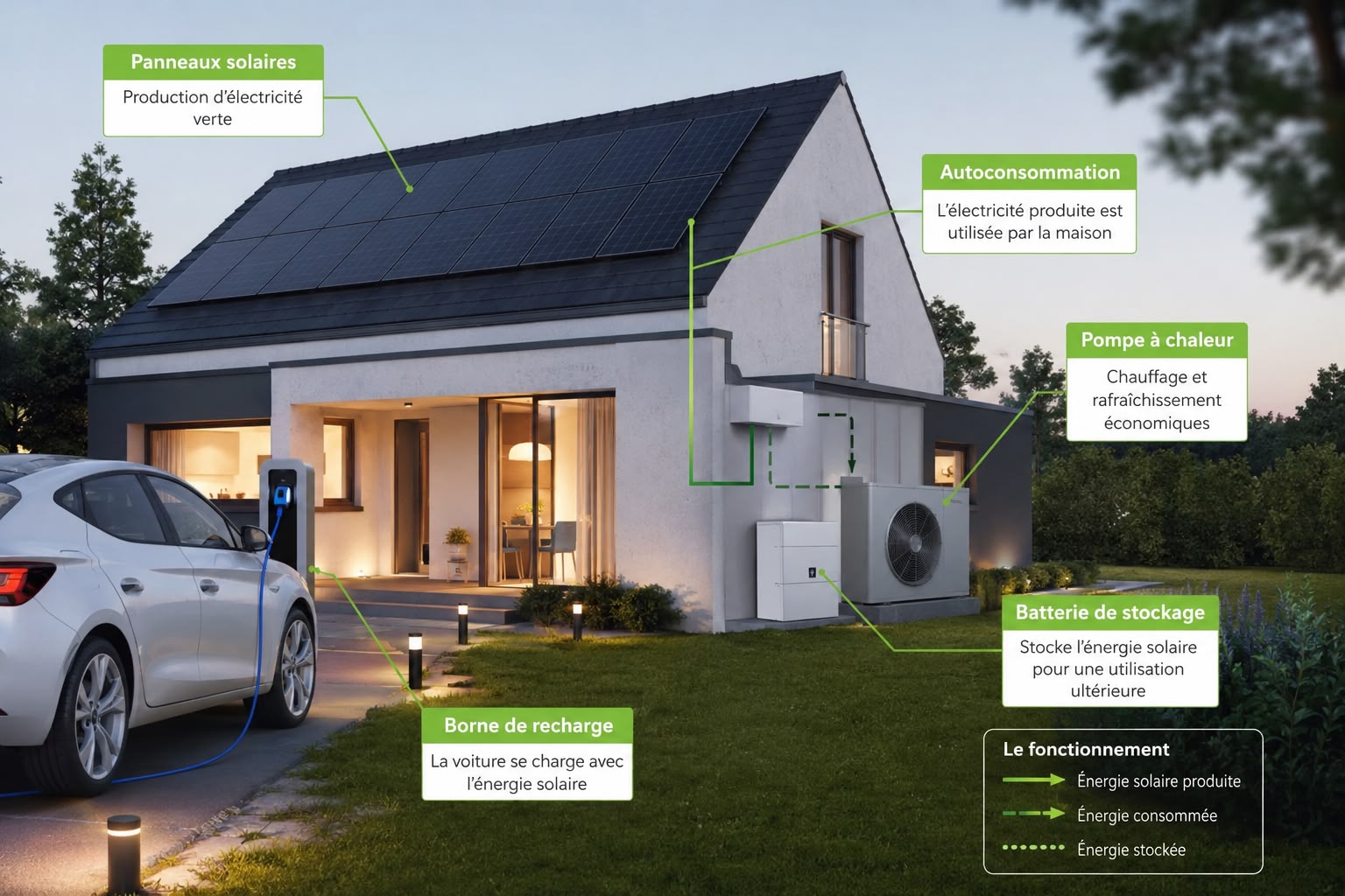 Schéma d'une maison équipée : panneaux solaires produisant l'électricité, autoconsommation par le logement, pompe à chaleur pour le chauffage et le rafraîchissement, batterie stockant l'énergie solaire et borne rechargeant la voiture électrique.